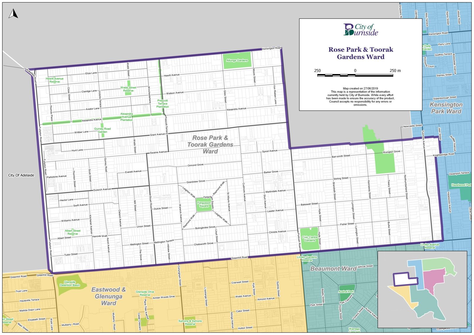 City of Burnside map of the Rose Park and Toorak Gardens Ward, outlined in purple